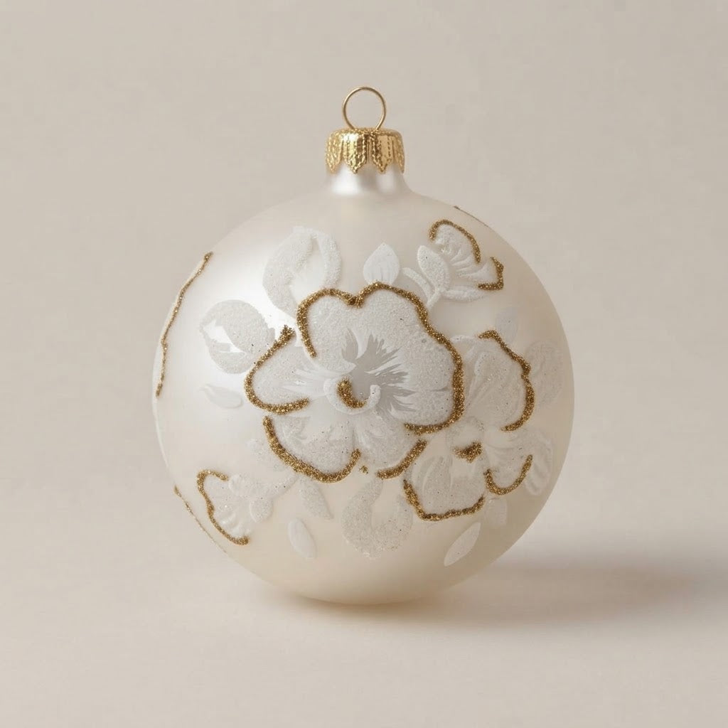 Palla di Natale fiori bianchi in rilievo e oro, Ø 10 cm