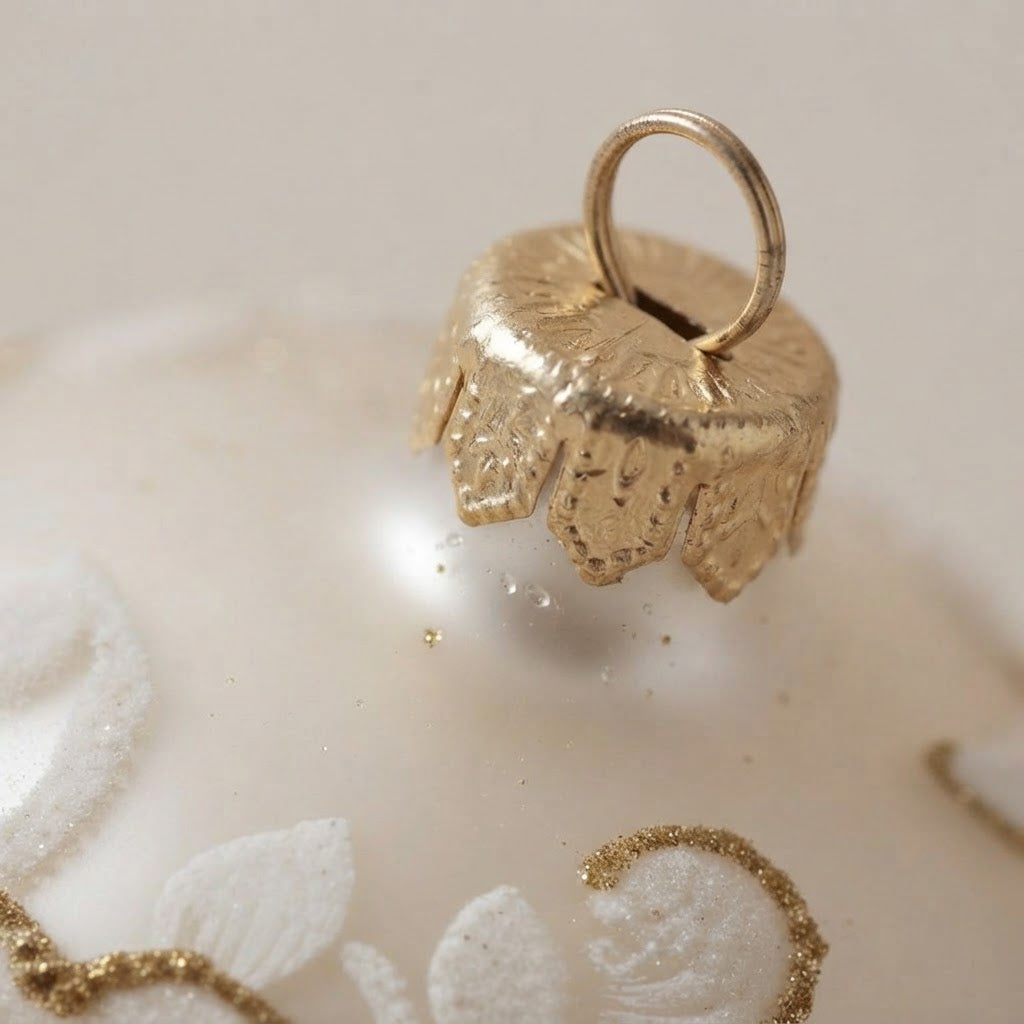 Palla di Natale fiori bianchi in rilievo e oro, Ø 10 cm – dettaglio del cappuccio