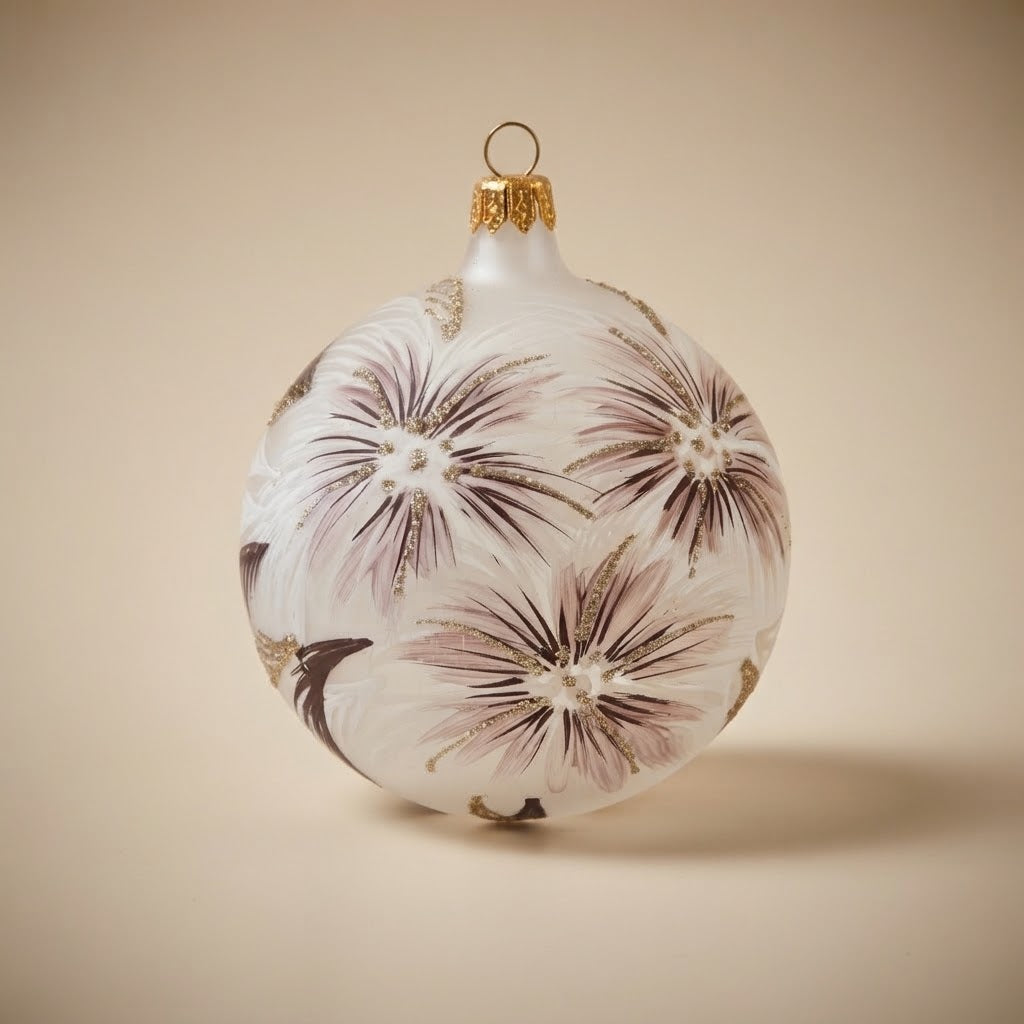 Palla di Natale fiori viola su vetro satinato, Ø 10 cm