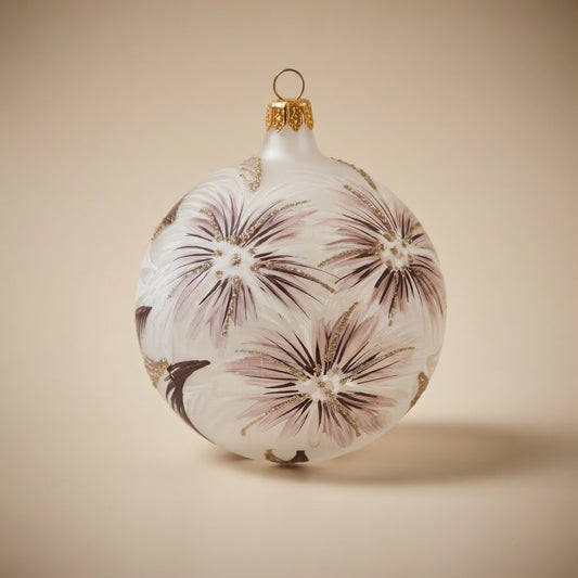 Palla di Natale fiori viola su vetro satinato, Ø 10 cm
