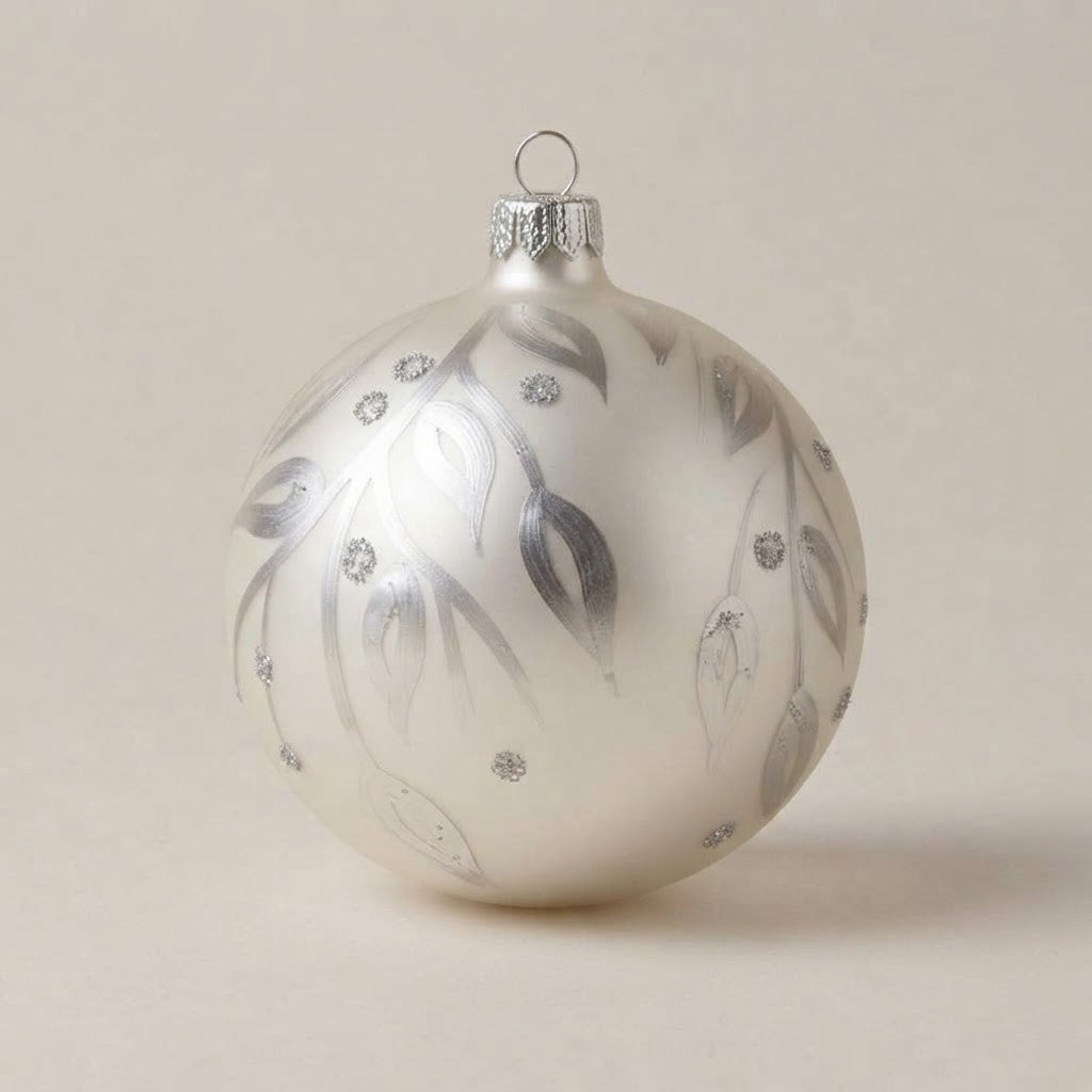 Palla di Natale Ø 10 cm con foglie argento dipinte a mano su fondo bianco perla