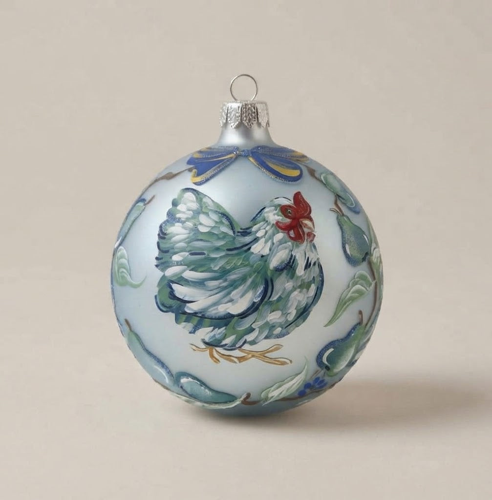 Christmas ornament with hen and flowers on light blue, 4 in (10 cm), mouth-blown and hand-painted