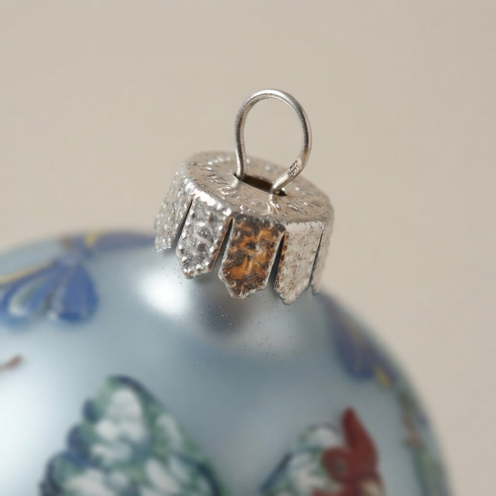 Detail of the mouth-blown, hand-painted glass Christmas ornament
