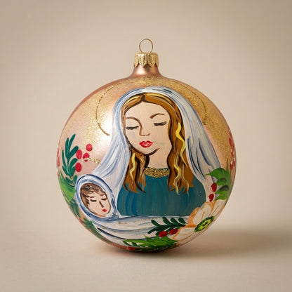 Palla di Natale Ø 12 cm dipinta a mano: Madonna con Bambino su fondo rosa cipria