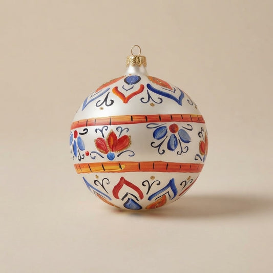 Palla di Natale Ø 10 cm dipinta a mano in stile maiolica: fasce arancio, fiori rossi e foglie blu su fondo bianco