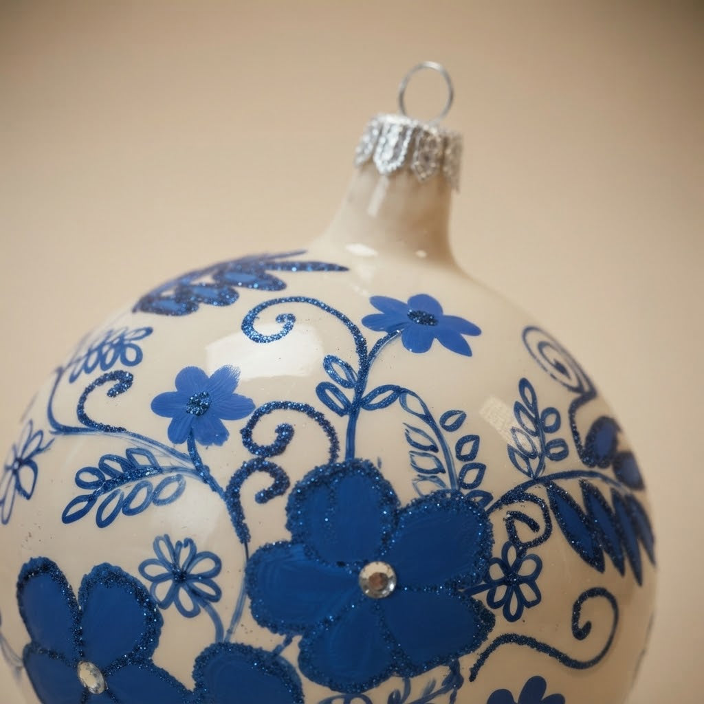 Palla di Natale maiolica con fiori blu su bianco, Ø 10 cm – dettaglio del decoro