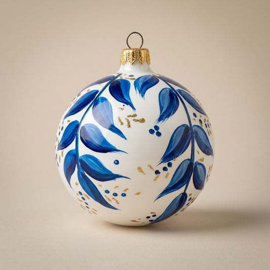 Palla di Natale Ø 10 cm dipinta a mano in stile maiolica: foglie blu e glitter oro su fondo bianco