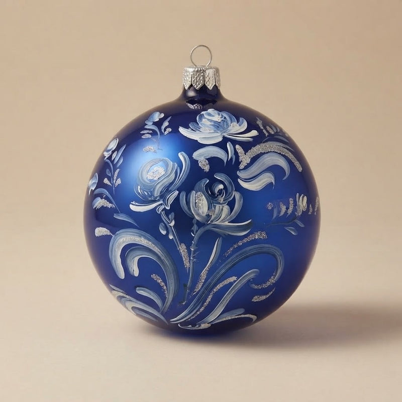 Palla di Natale Ø 10 cm dipinta a mano in stile maiolica: rose bianche su fondo blu lucido