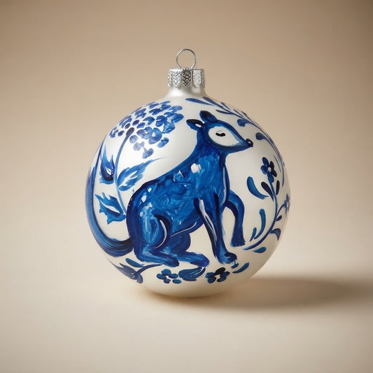 Palla di Natale Ø 10 cm dipinta a mano in stile maiolica: volpe blu tra fiori e rametti su fondo bianco