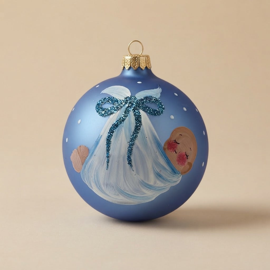 Palla di Natale neonato in fasce su azzurro Ø 10 cm, vetro soffiato e dipinto a mano