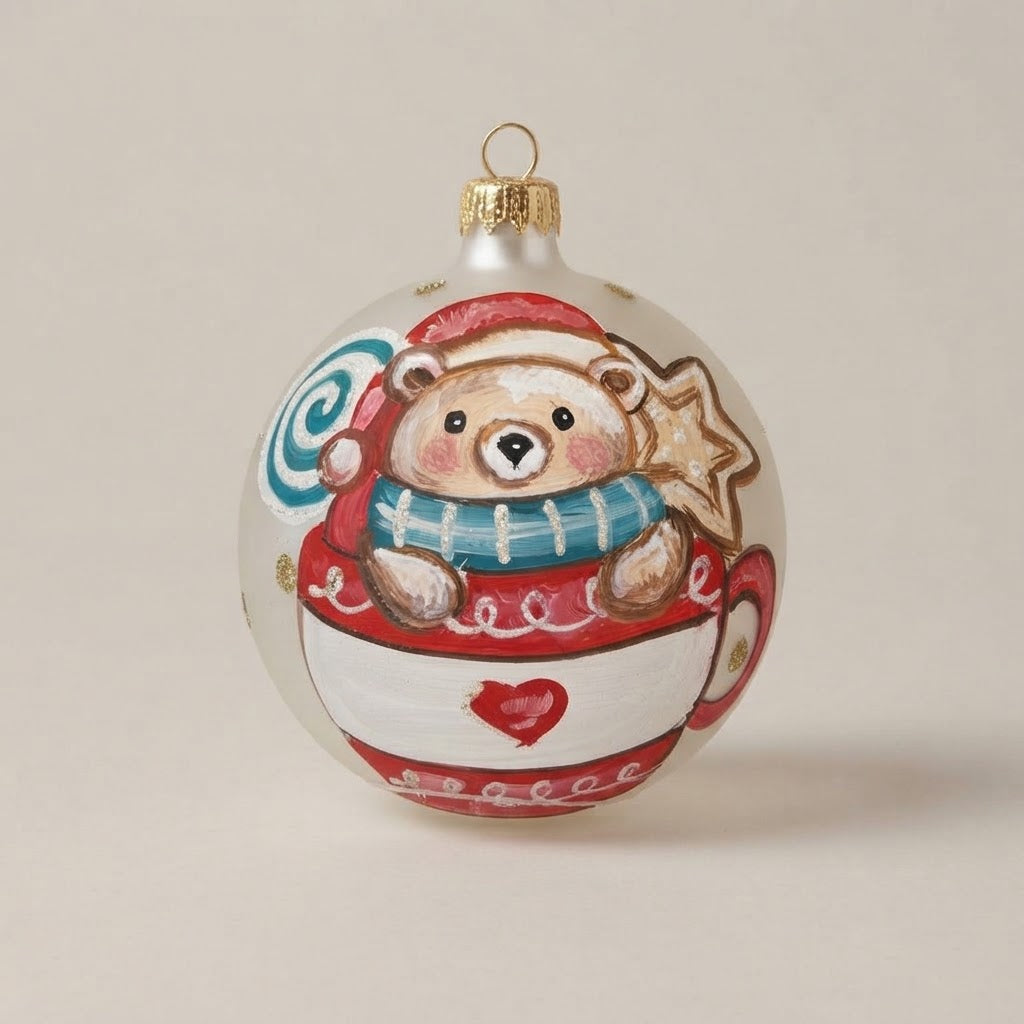 Christmas ornament with teddy bear in a mug, 4 in (10 cm), mouth-blown and hand-painted