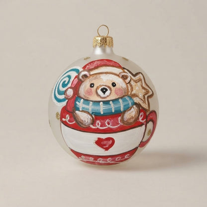 Christmas ornament with teddy bear in a mug, 4 in (10 cm), mouth-blown and hand-painted