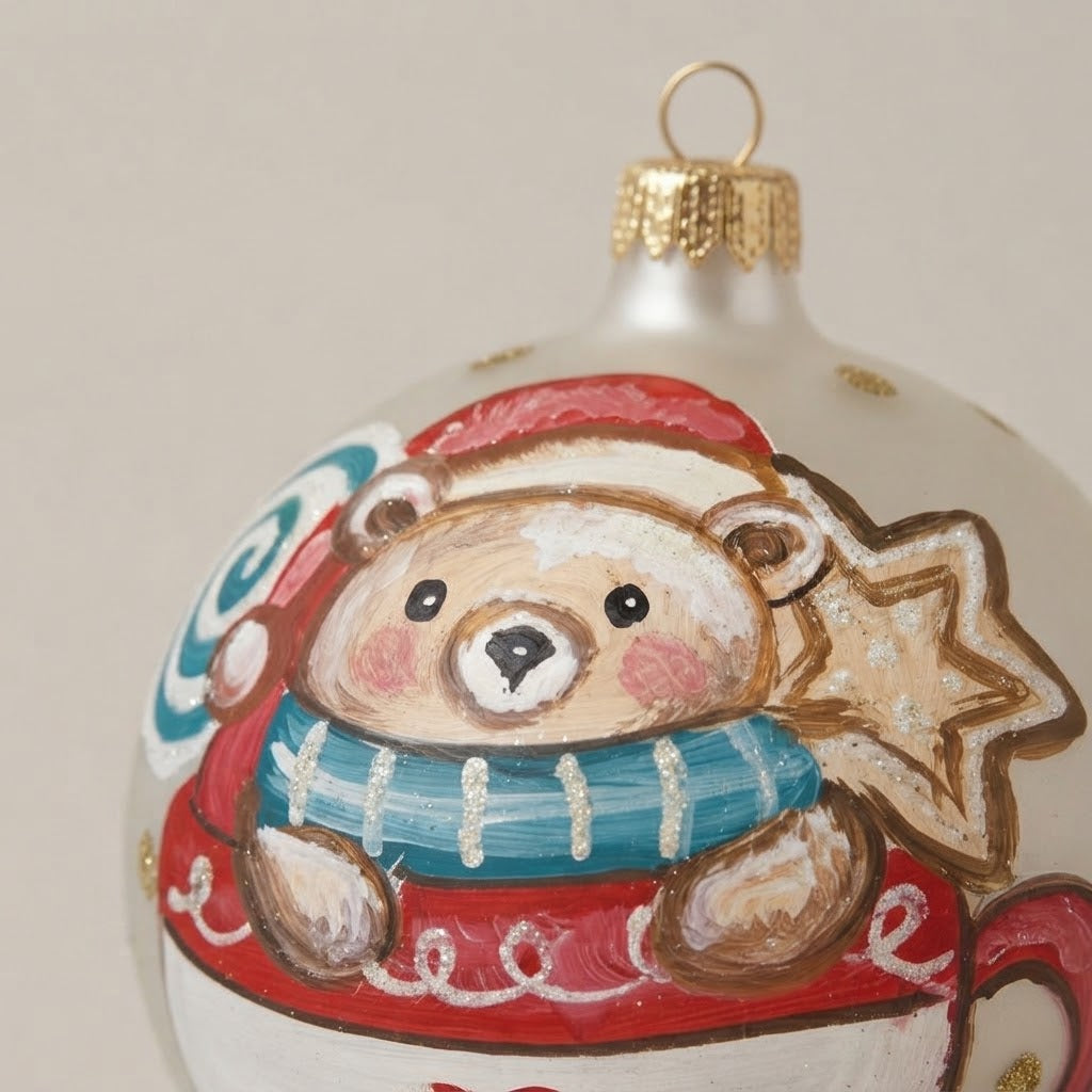 Detail of the mouth-blown, hand-painted glass Christmas ornament