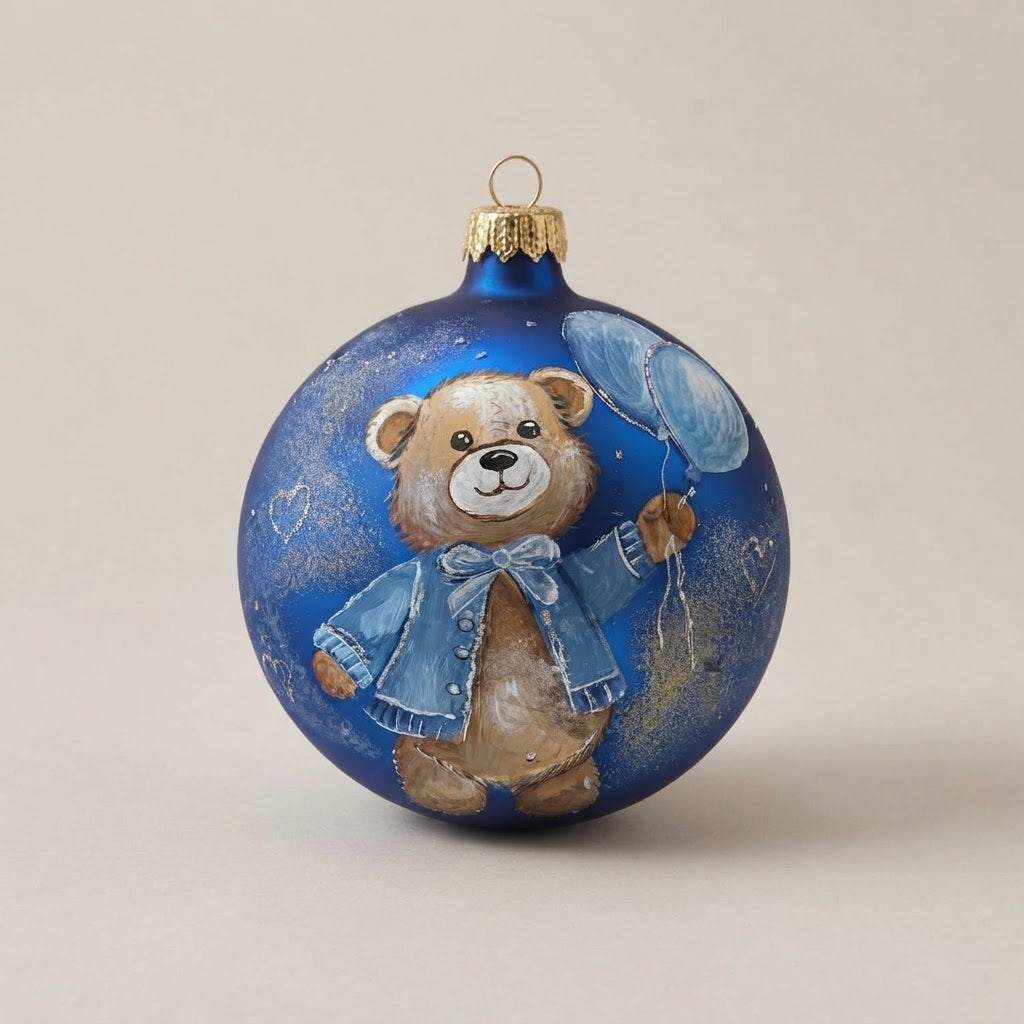 Palla di Natale Ø 12 cm blu con orsetto e palloncini dipinti a mano