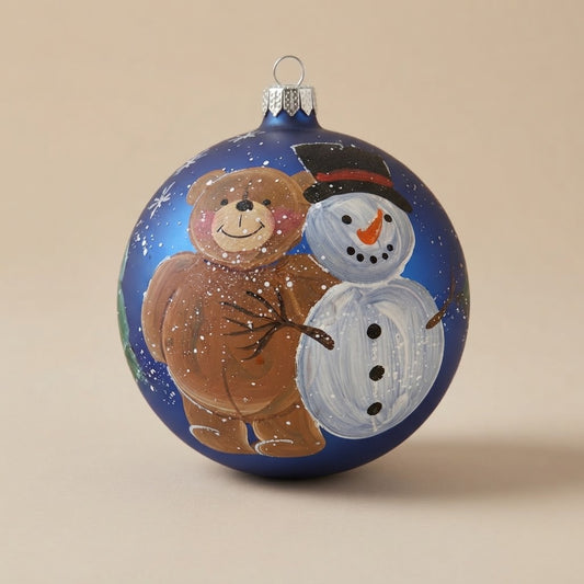 Palla di Natale orsetto e pupazzo di neve su blu, Ø 12 cm