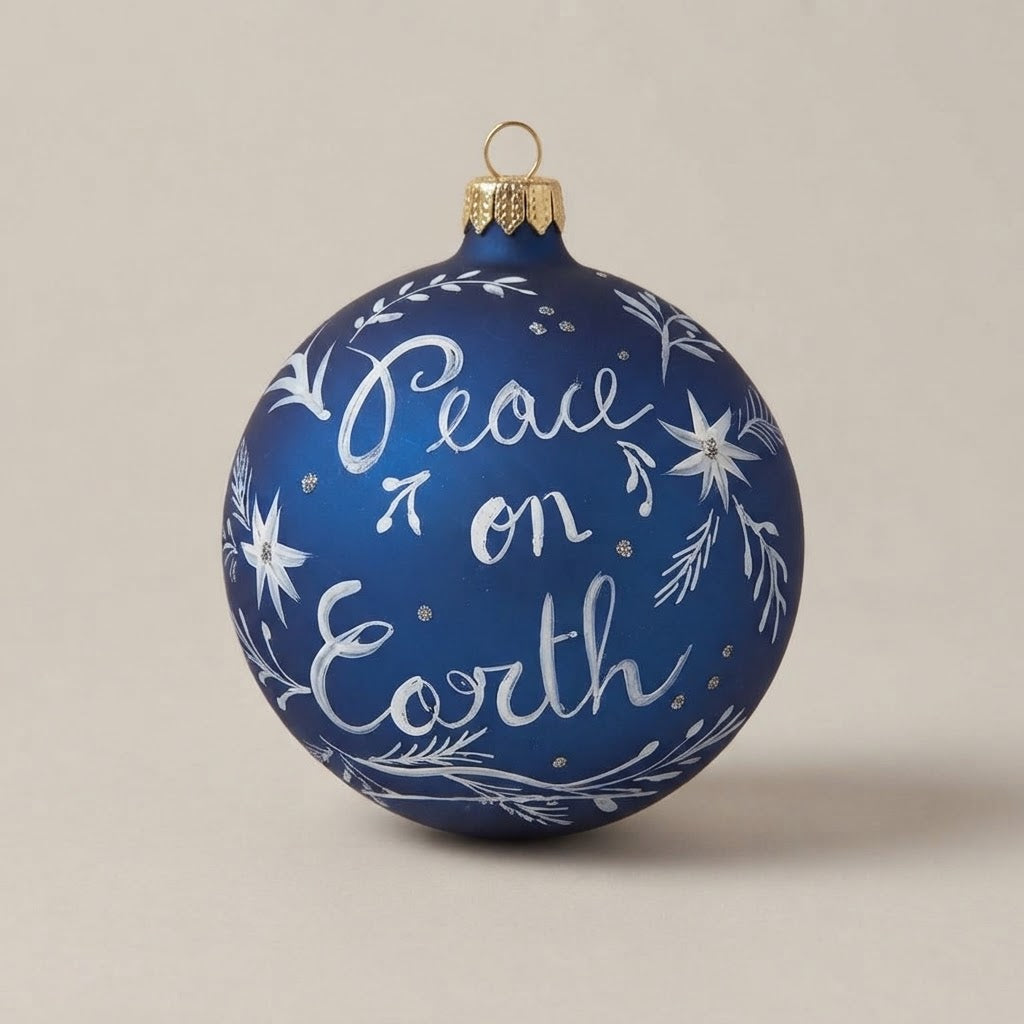Palla di Natale Ø 10 cm blu con scritta Peace on Earth dipinta a mano