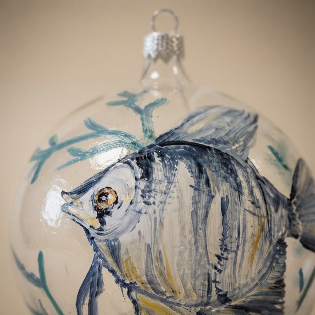 Palla di Natale pesce angelo su vetro trasparente, Ø 10 cm – dettaglio del decoro
