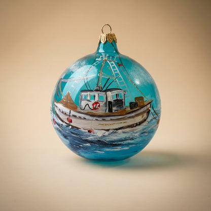 Christmas ornament with fishing boat on turquoise, 4 in (10 cm)