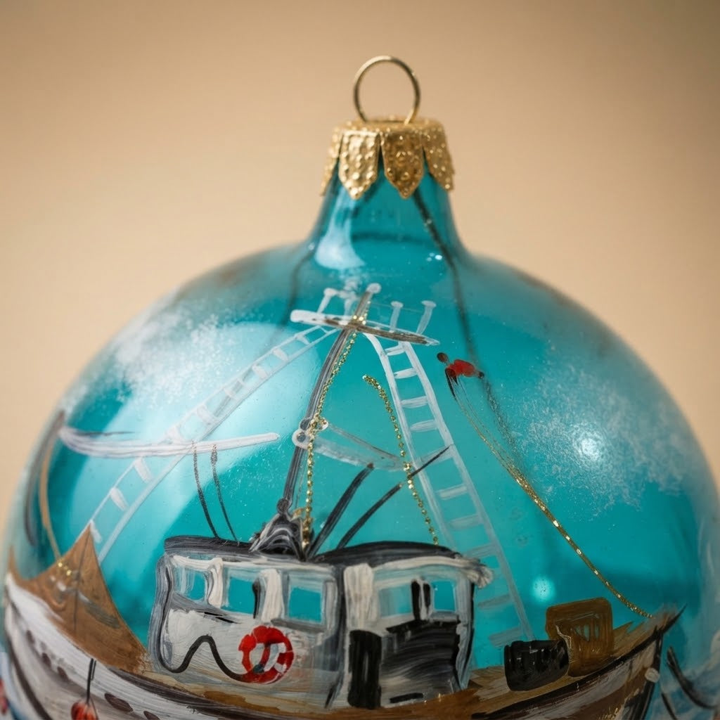 Christmas ornament with fishing boat on turquoise, 4 in (10 cm) – decoration detail