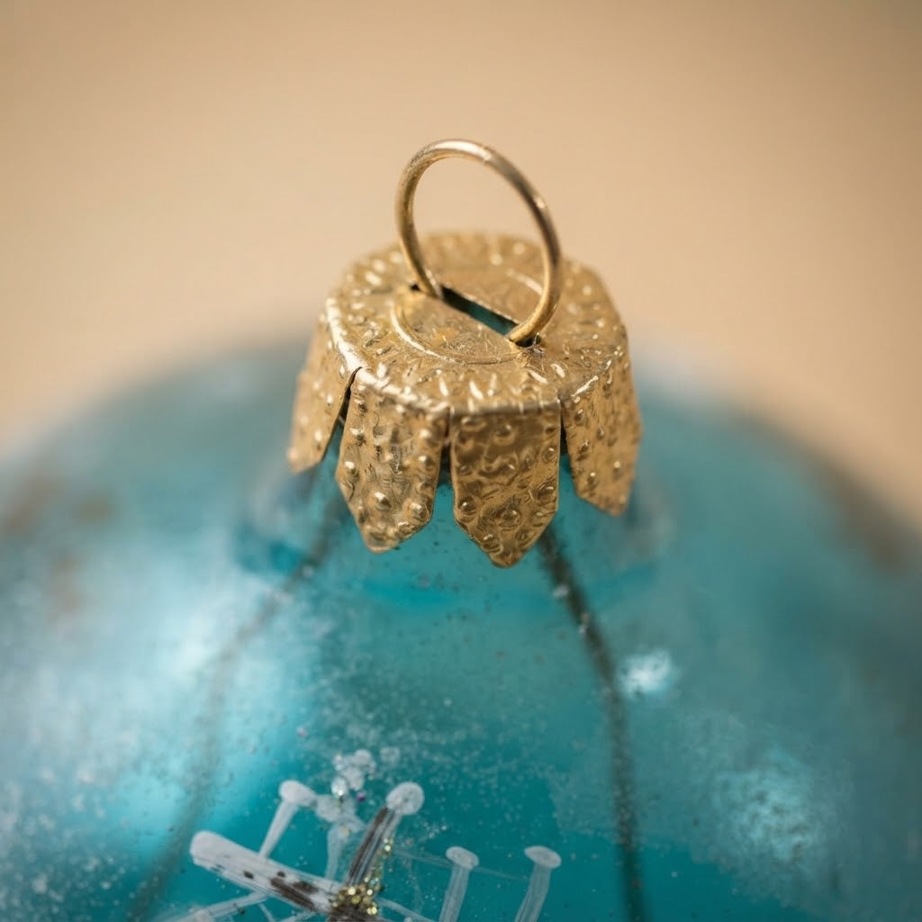 Christmas ornament with fishing boat on turquoise, 4 in (10 cm) – cap detail