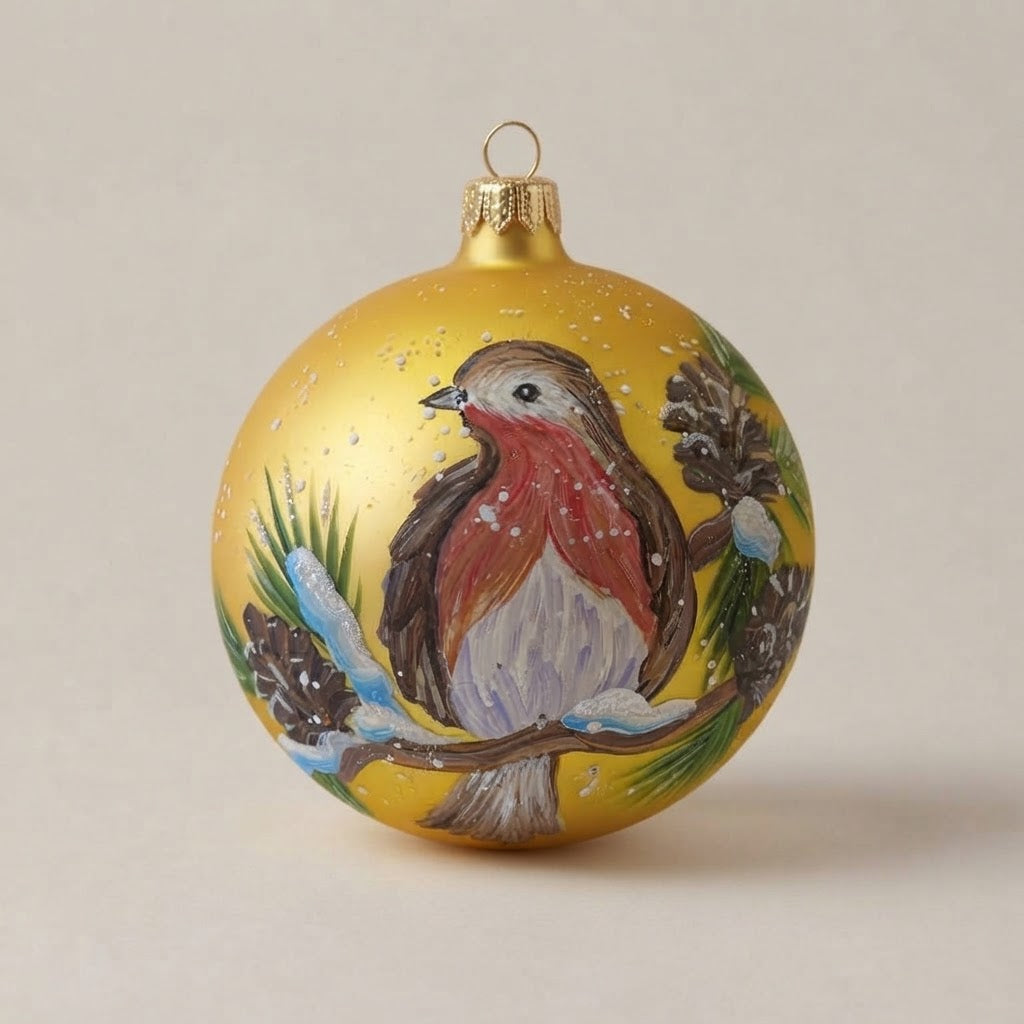Christmas ornament with robin on gold, 4 in (10 cm)