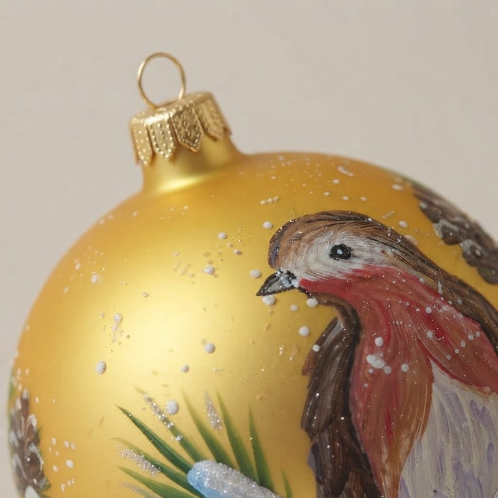 Christmas ornament with robin on gold, 4 in (10 cm) – decoration detail