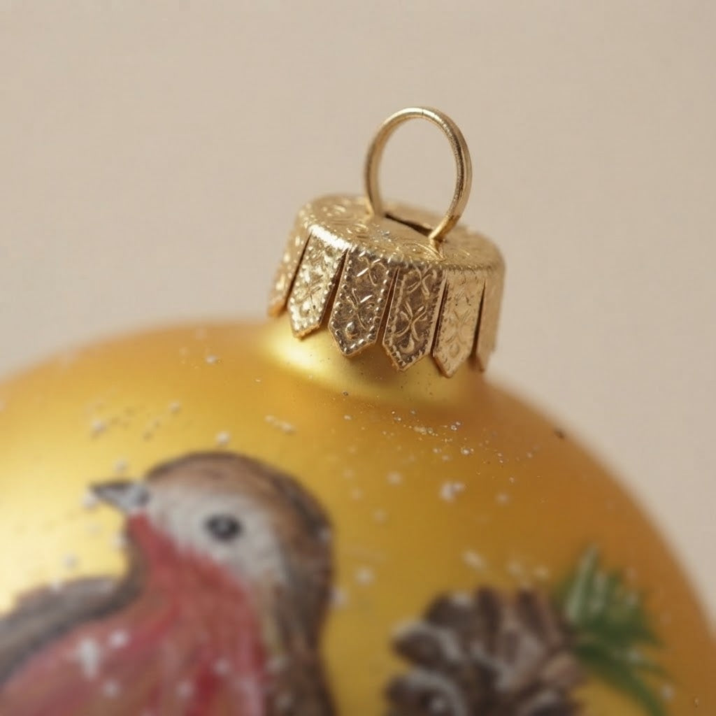 Christmas ornament with robin on gold, 4 in (10 cm) – cap detail