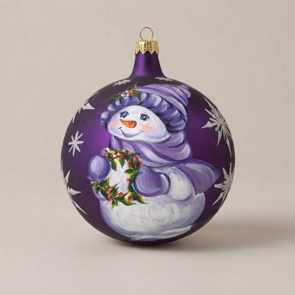 Palla di Natale pupazzo di neve su viola, Ø 12 cm
