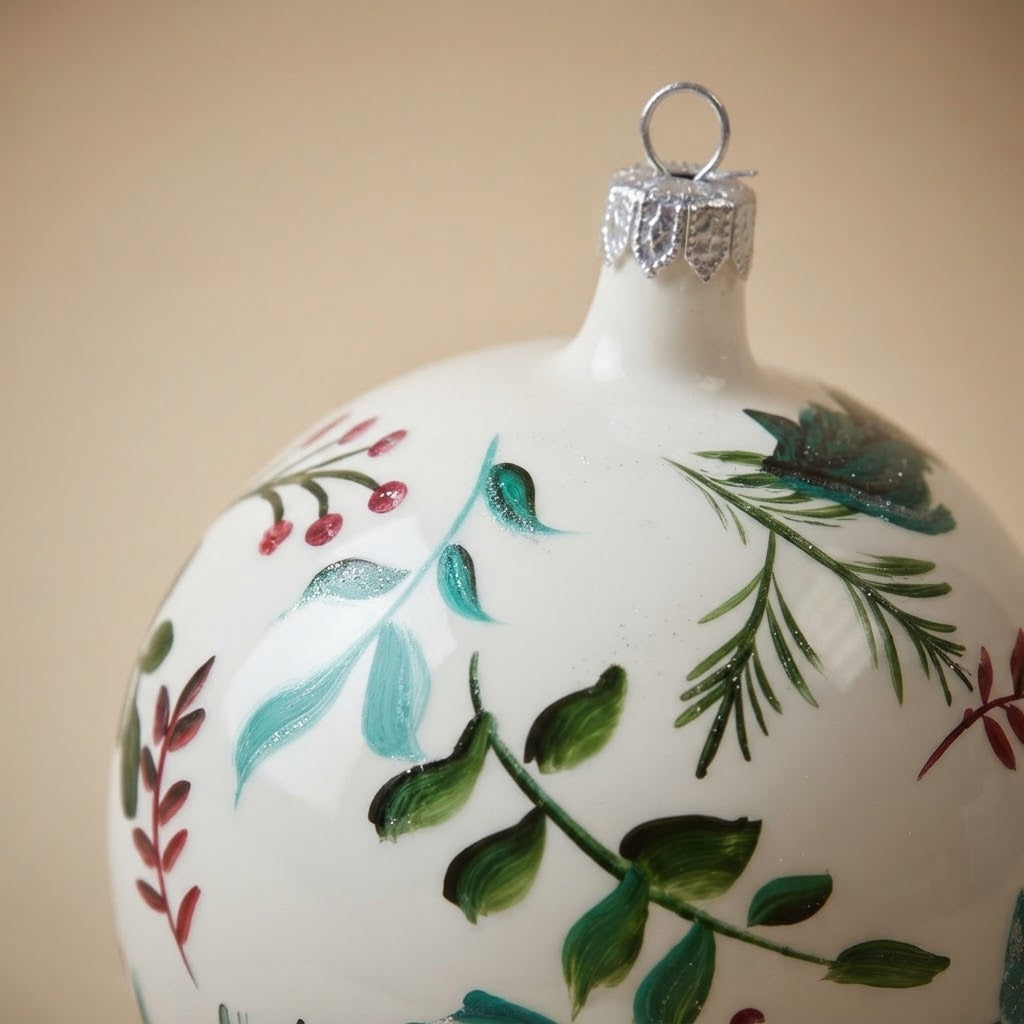 Palla di Natale rametti e bacche su bianco, Ø 10 cm – dettaglio del decoro
