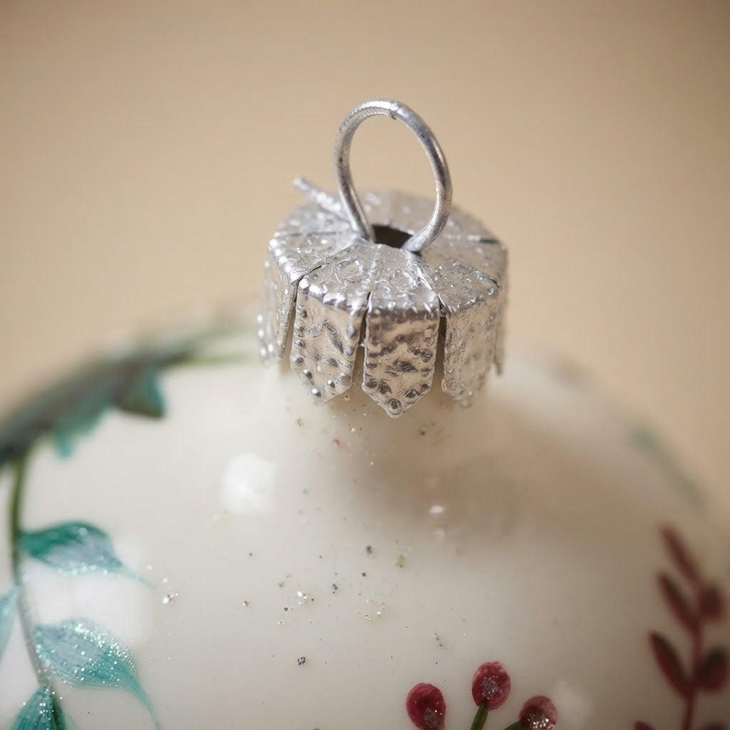 Palla di Natale rametti e bacche su bianco, Ø 10 cm – dettaglio del cappuccio