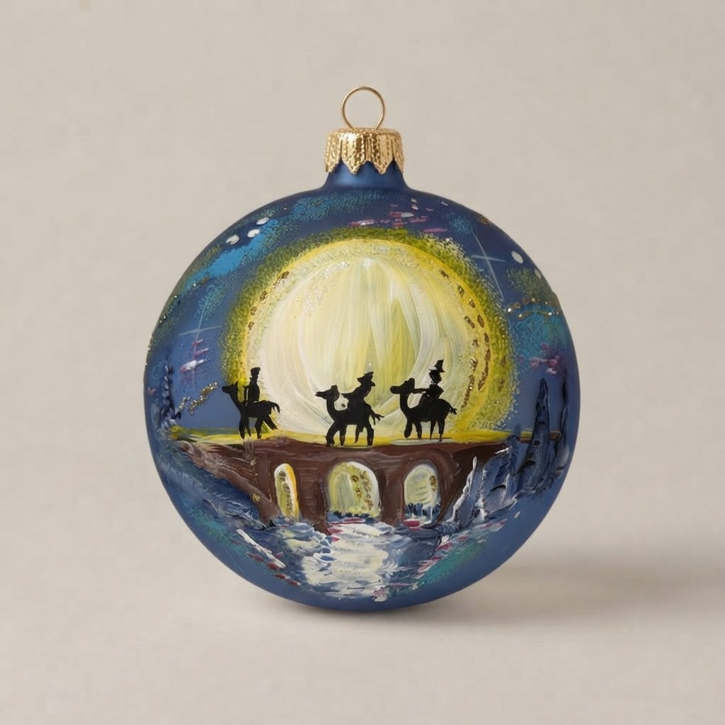 Palla di Natale Ø 10 cm blu con i Re Magi sul ponte dipinti a mano