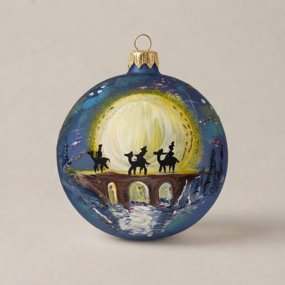 Palla di Natale Ø 10 cm blu con i Re Magi sul ponte dipinti a mano