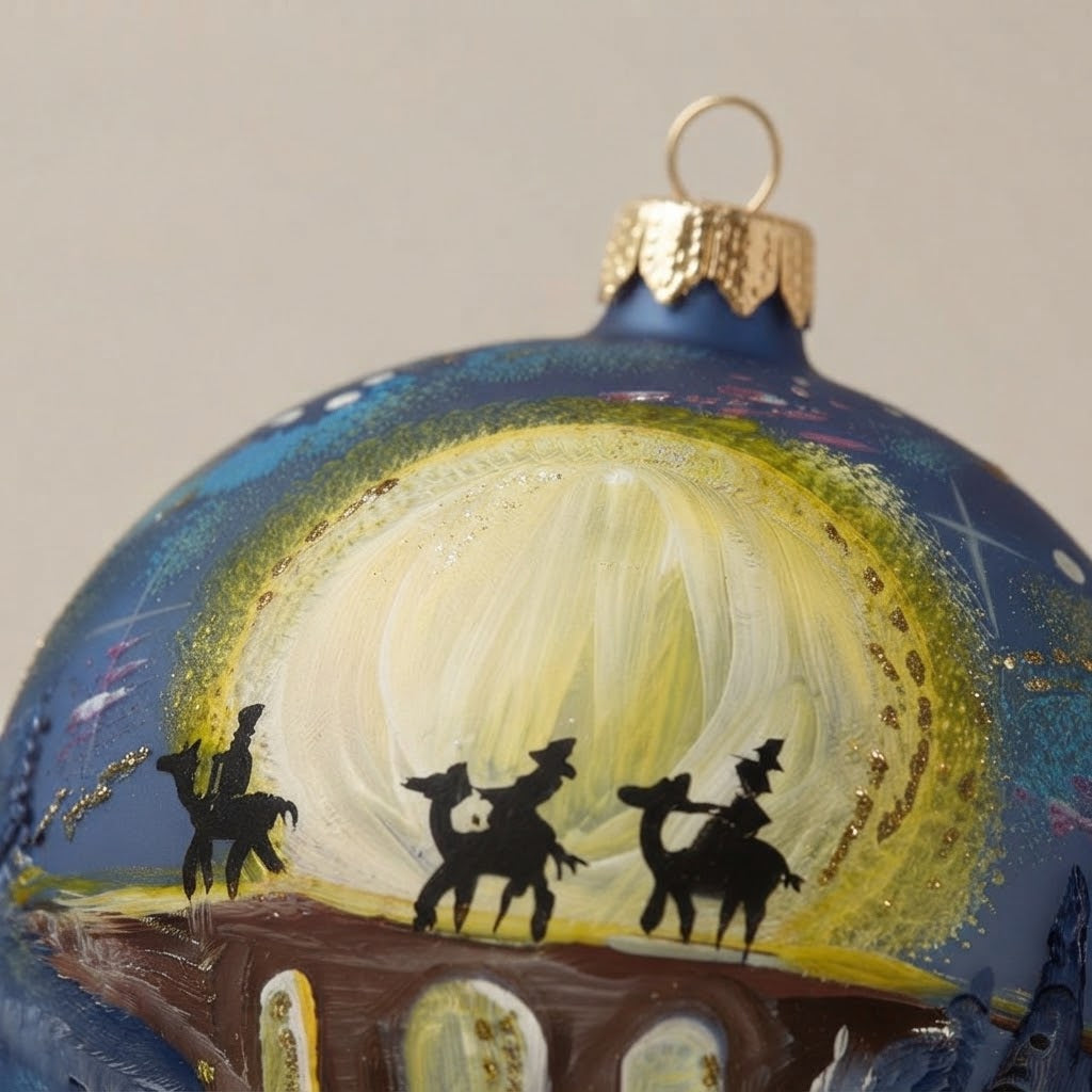 Dettaglio dei Re Magi sui cammelli davanti alla luce dorata