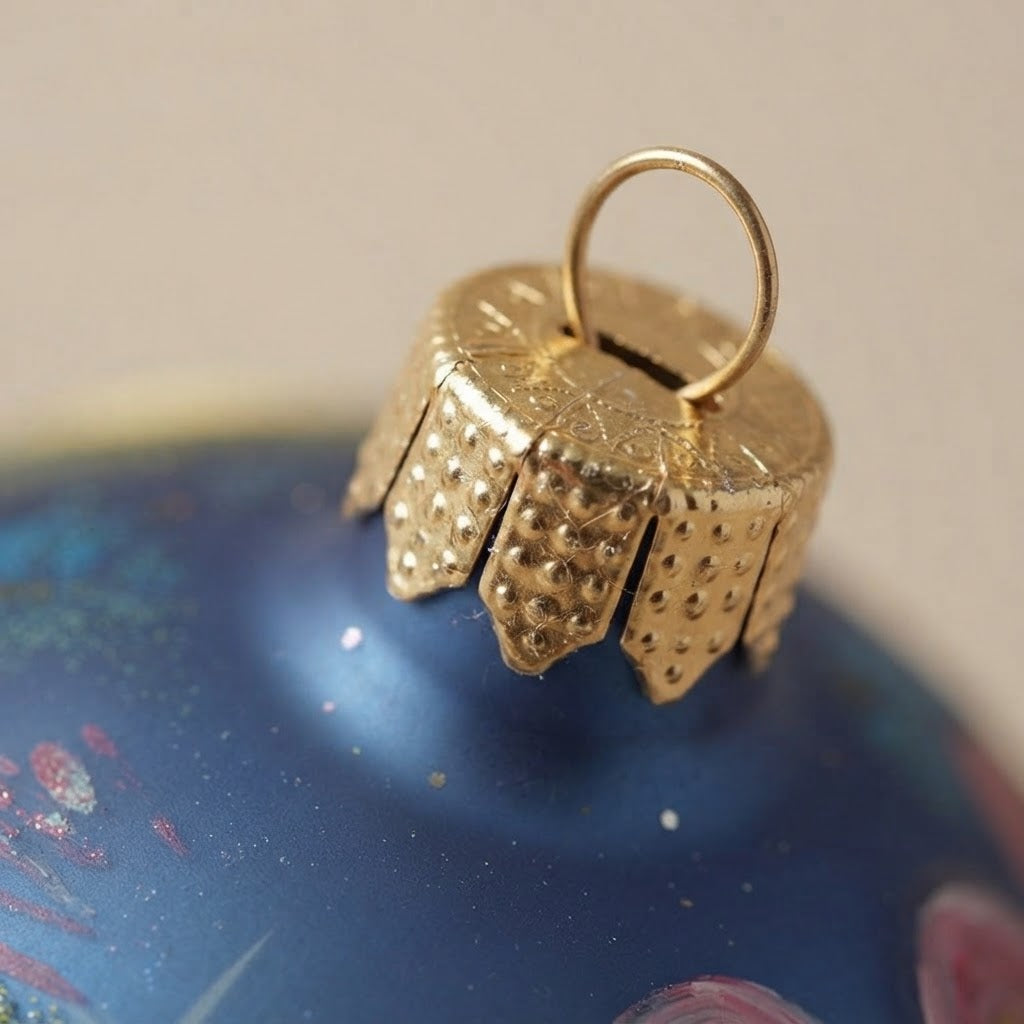 Cappuccio dorato della palla di Natale blu in vetro soffiato