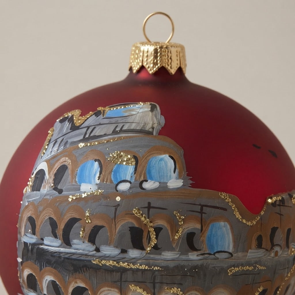 Palla di Natale Colosseo su rosso, Ø 10 cm – dettaglio del decoro