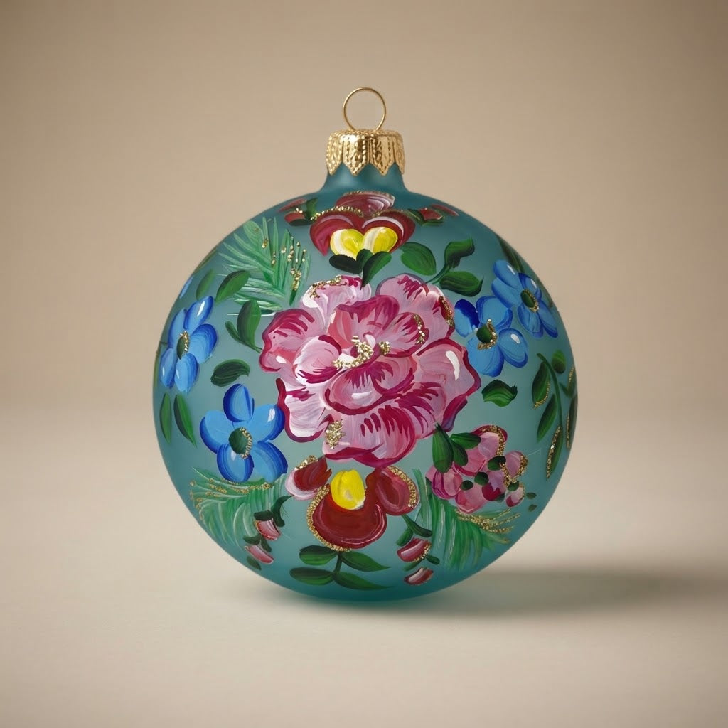 Palla di Natale Ø 10 cm turchese con rosa e fiori blu dipinti a mano