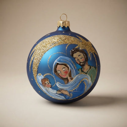 Palla di Natale Sacra Famiglia su blu, Ø 12 cm
