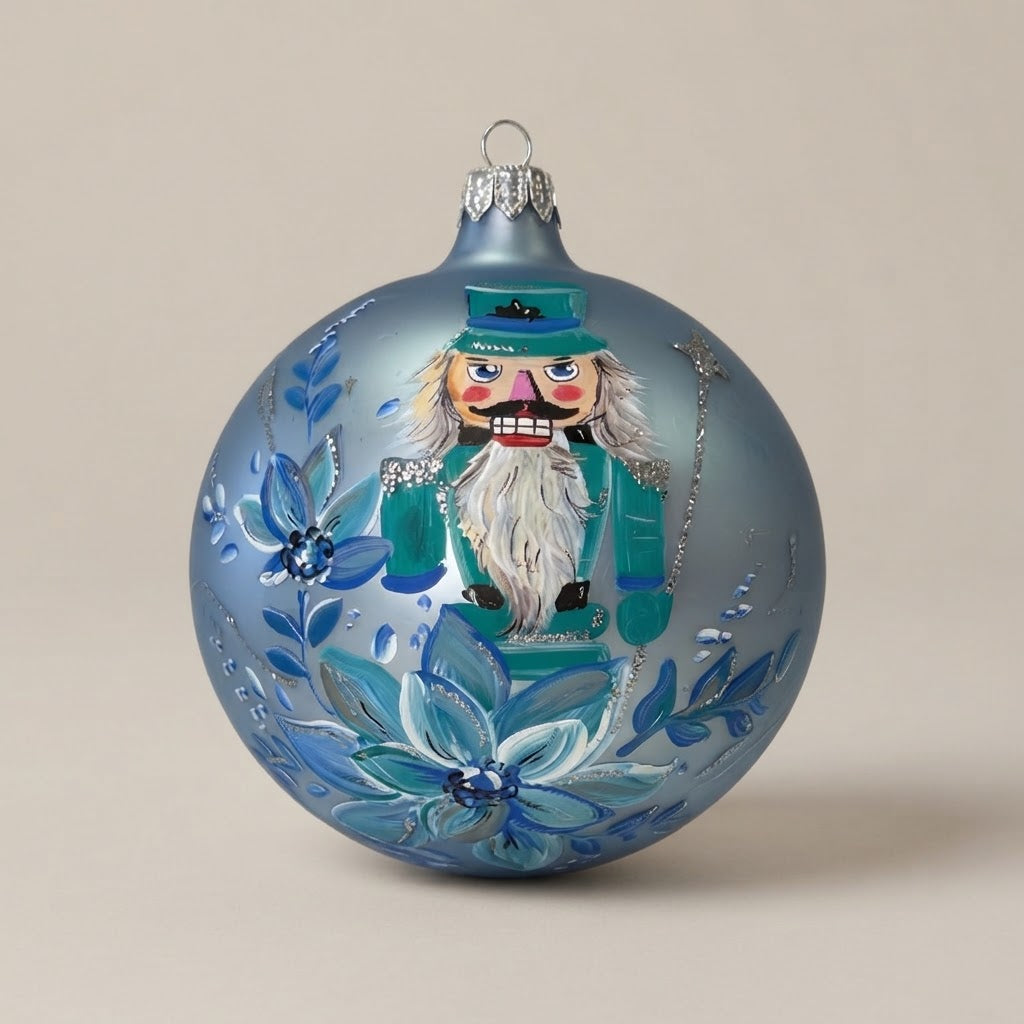 Christmas ornament with nutcracker and blue flowers, 4 in (10 cm), mouth-blown and hand-painted