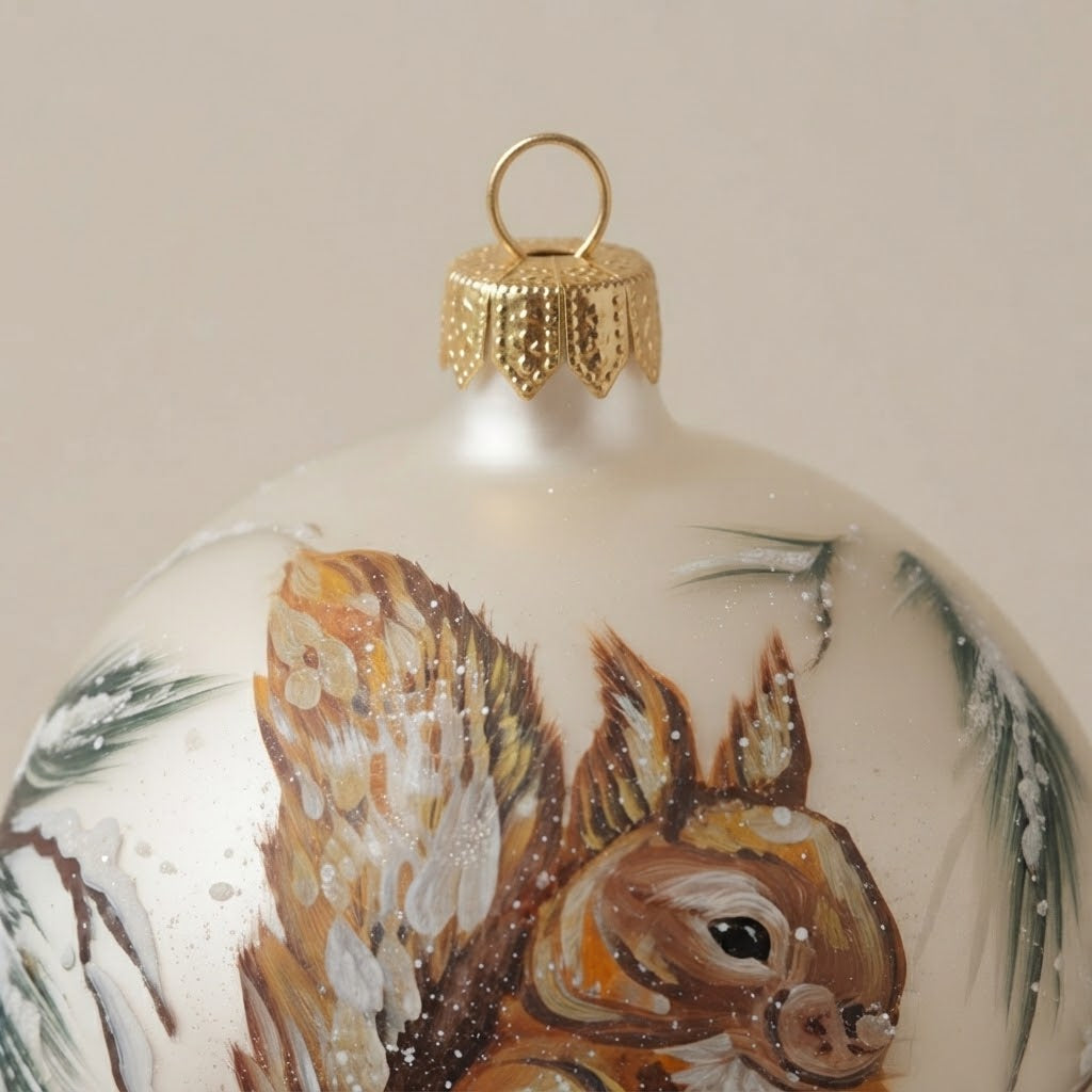 Palla di Natale scoiattolo su avorio, Ø 10 cm – dettaglio del decoro