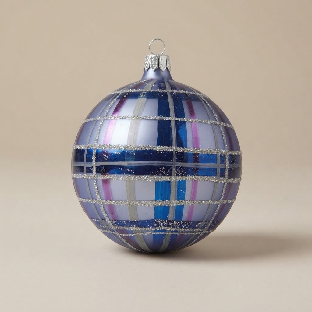 Palla di Natale scozzese blu e lilla Ø 10 cm, vetro soffiato e dipinto a mano