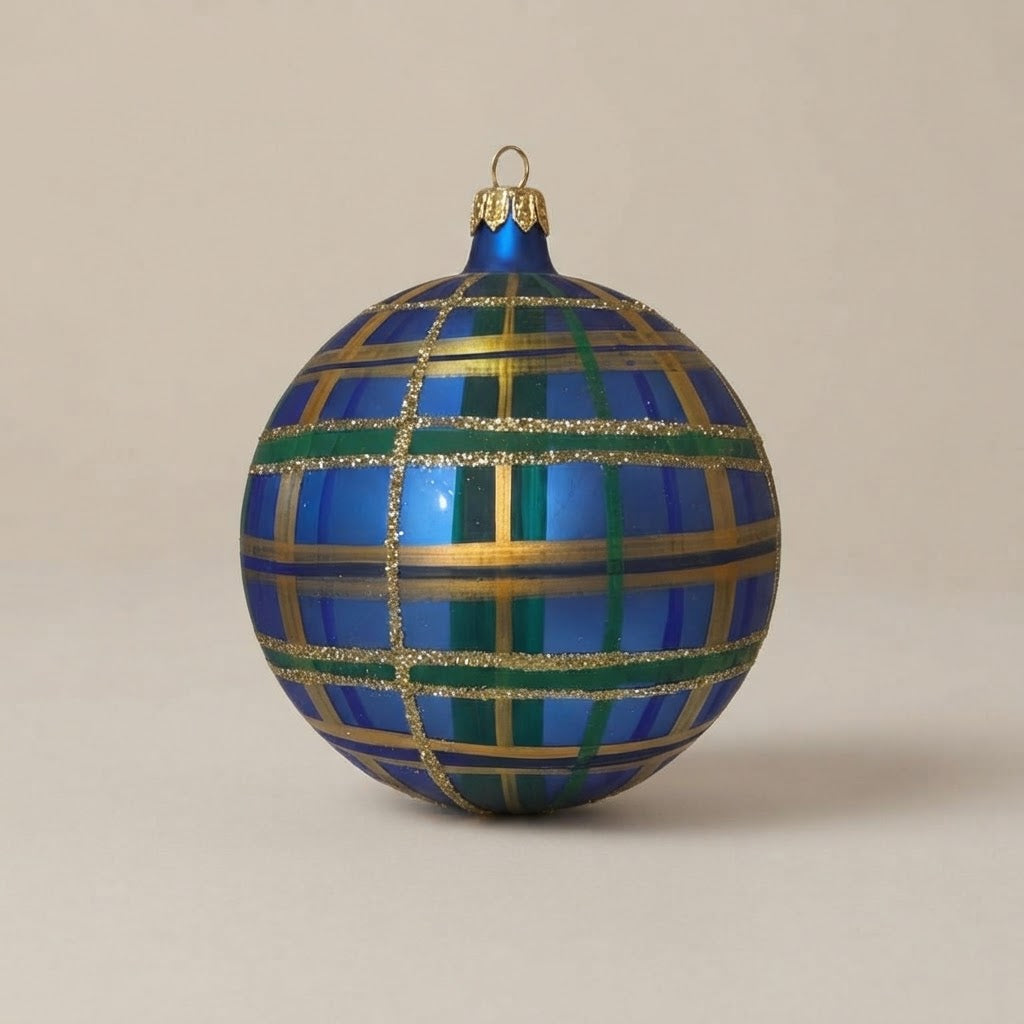 Blue, green and gold tartan Christmas ornament, 4 in (10 cm), mouth-blown and hand-painted