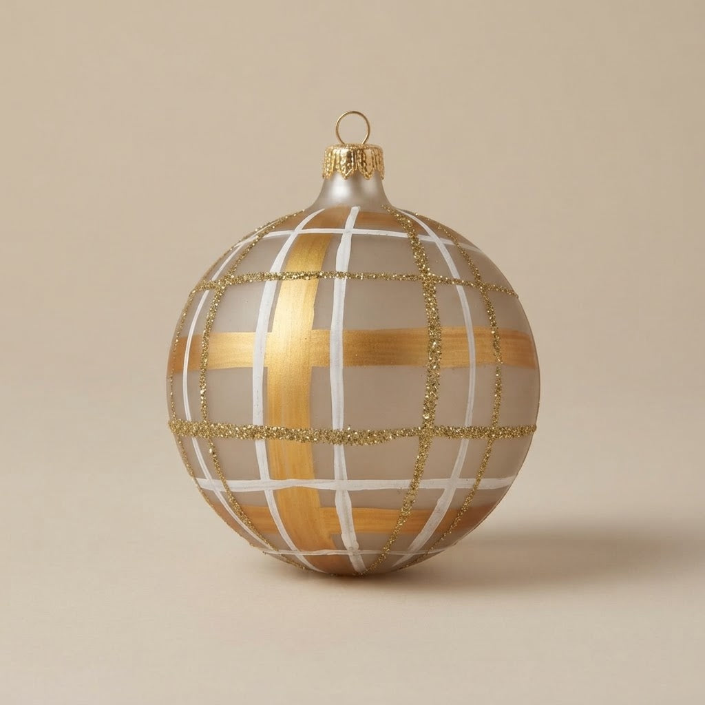 Palla di Natale scozzese oro e bianco Ø 10 cm, vetro soffiato e dipinto a mano