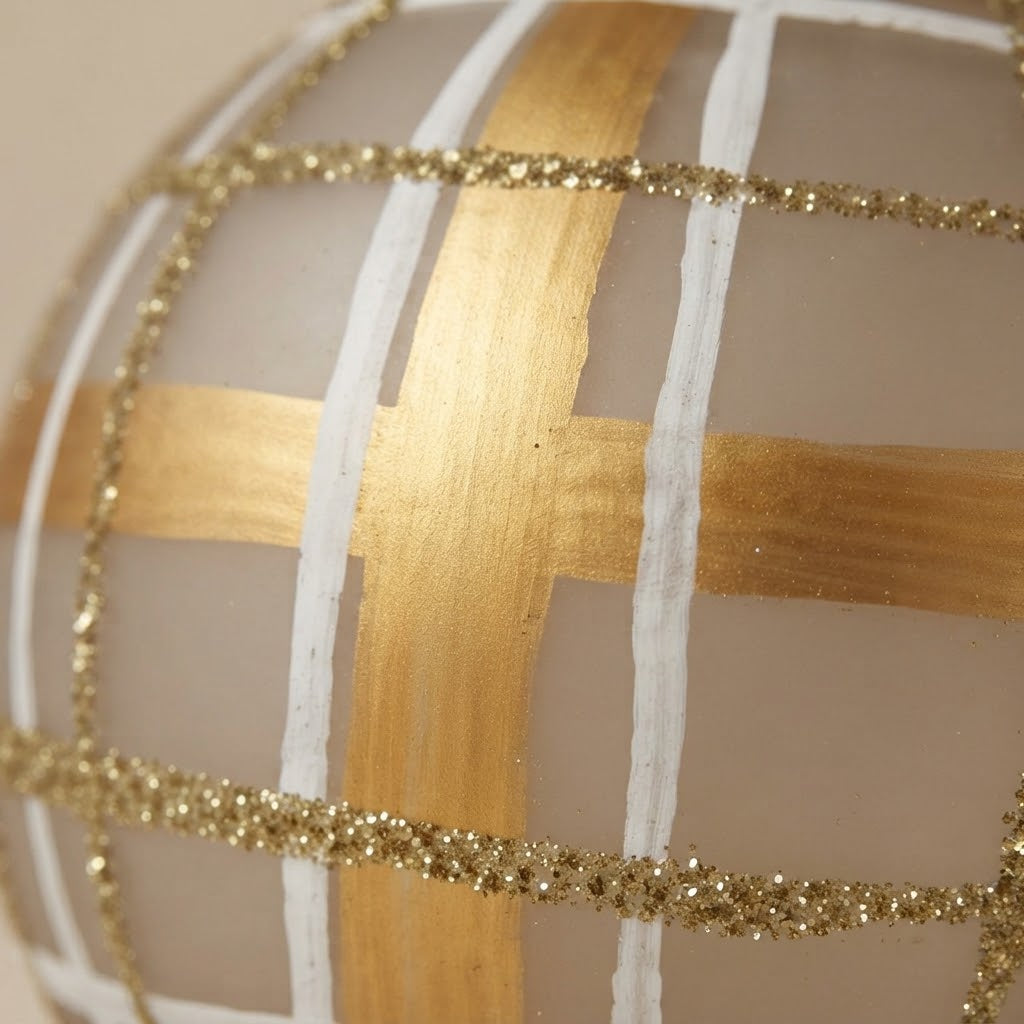 Dettaglio del decoro dipinto a pennello: scozzese oro e bianco