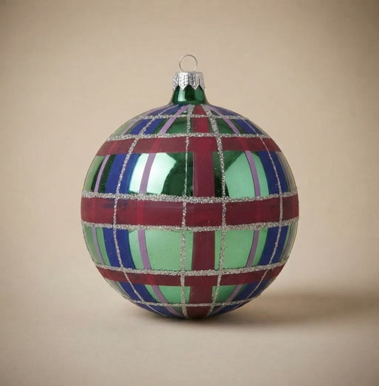 Green, blue and red tartan Christmas ornament, 4 in (10 cm), mouth-blown and hand-painted