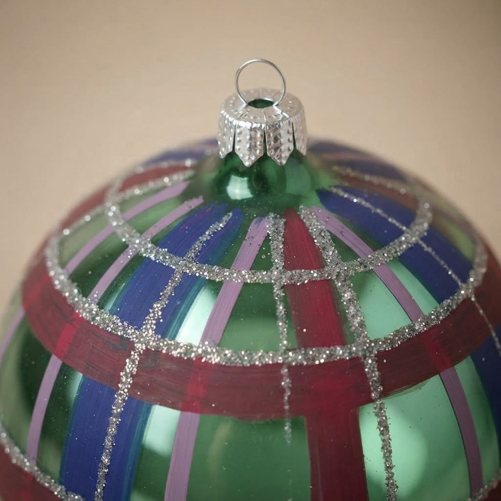 Close-up of the brush-painted decoration: Green, blue and red tartan