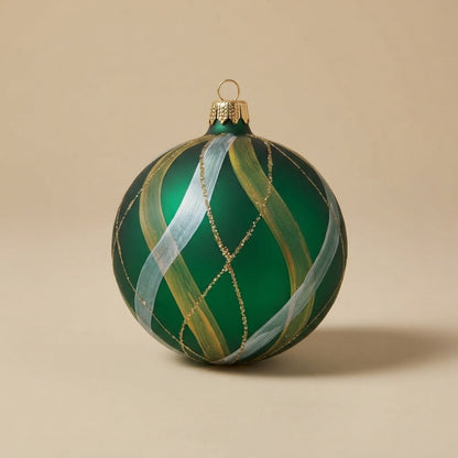 Green and gold tartan Christmas ornament, 4 in (10 cm), mouth-blown and hand-painted