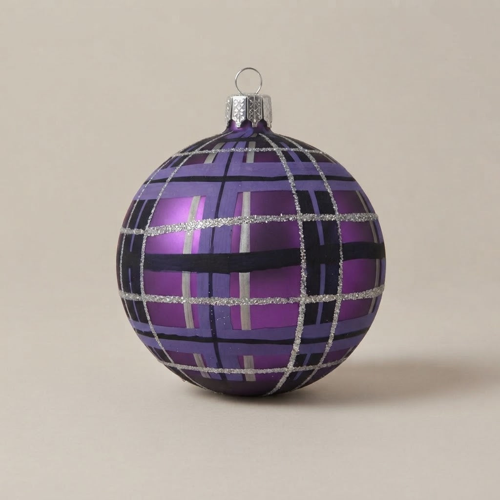 Palla di Natale scozzese viola Ø 10 cm, vetro soffiato e dipinto a mano