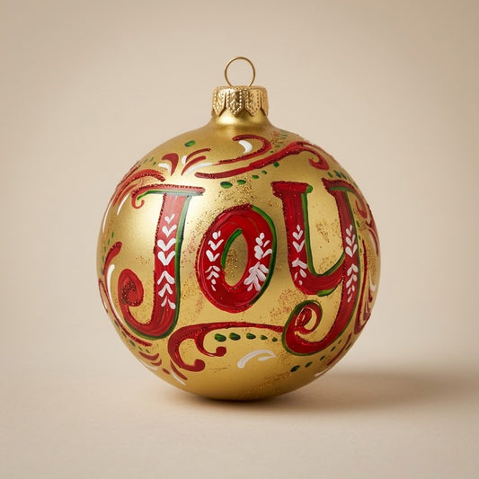 Hand-painted 4 in (10 cm) Christmas ornament: red and green Joy lettering on gold