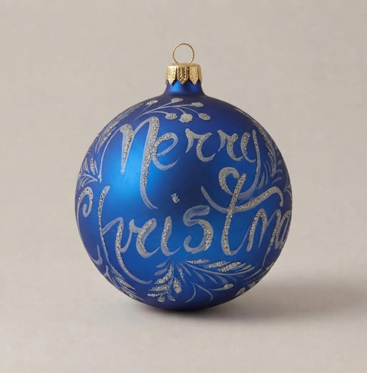 Palla di Natale scritta Merry Christmas argento su blu, Ø 10 cm