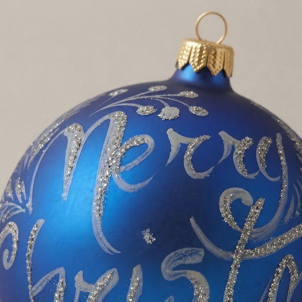 Dettaglio del decoro: palla di Natale scritta Merry Christmas argento su blu, Ø 10 cm